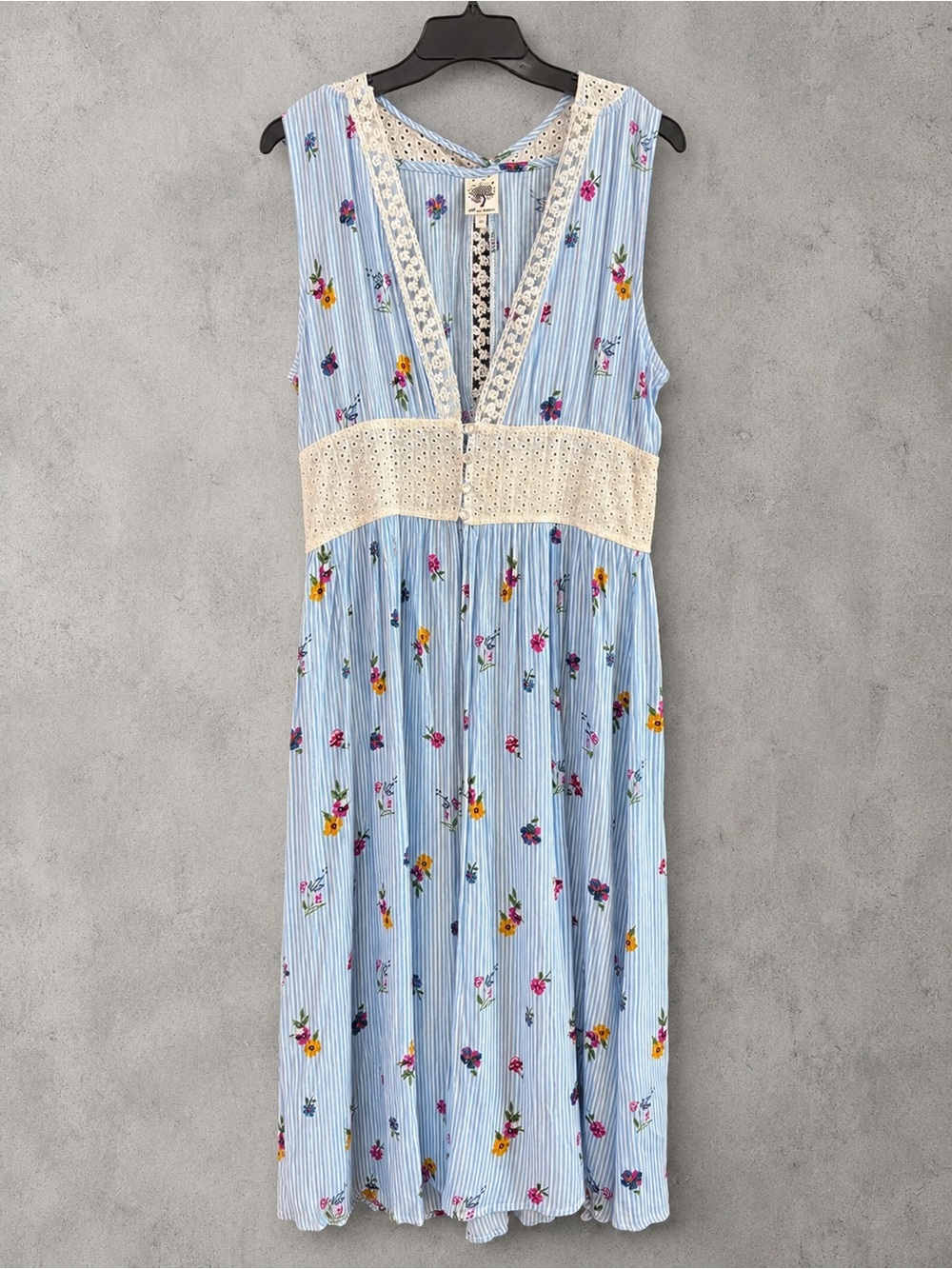 Self Esteem Floral Stripe Maxi Dress Large Lace Eyelet Triple Split Boho